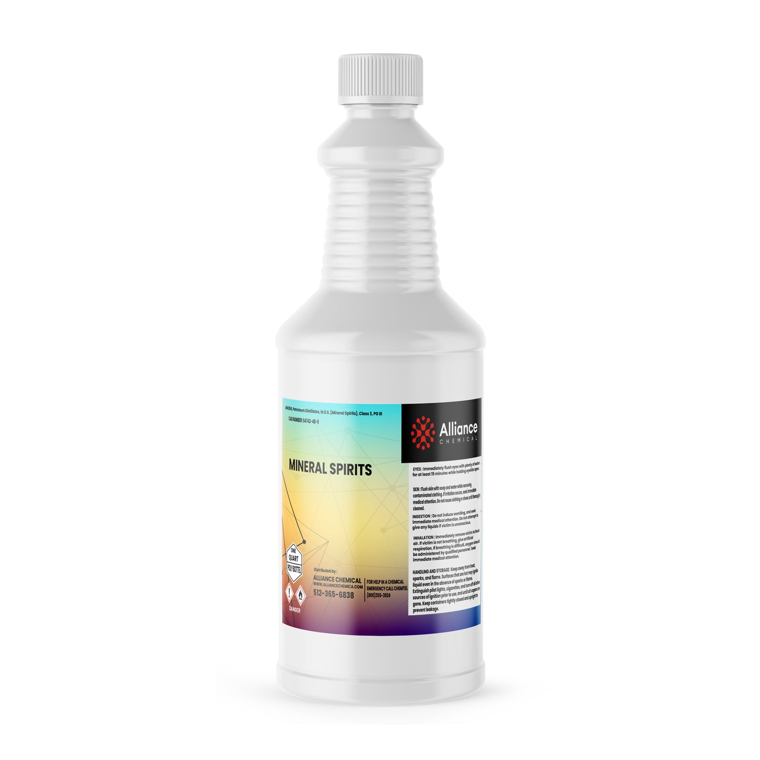 Quart bottle of industrial mineral spirits solvent in white HDPE container with gradient label, flammable warning symbol, Alliance Chemical branding.